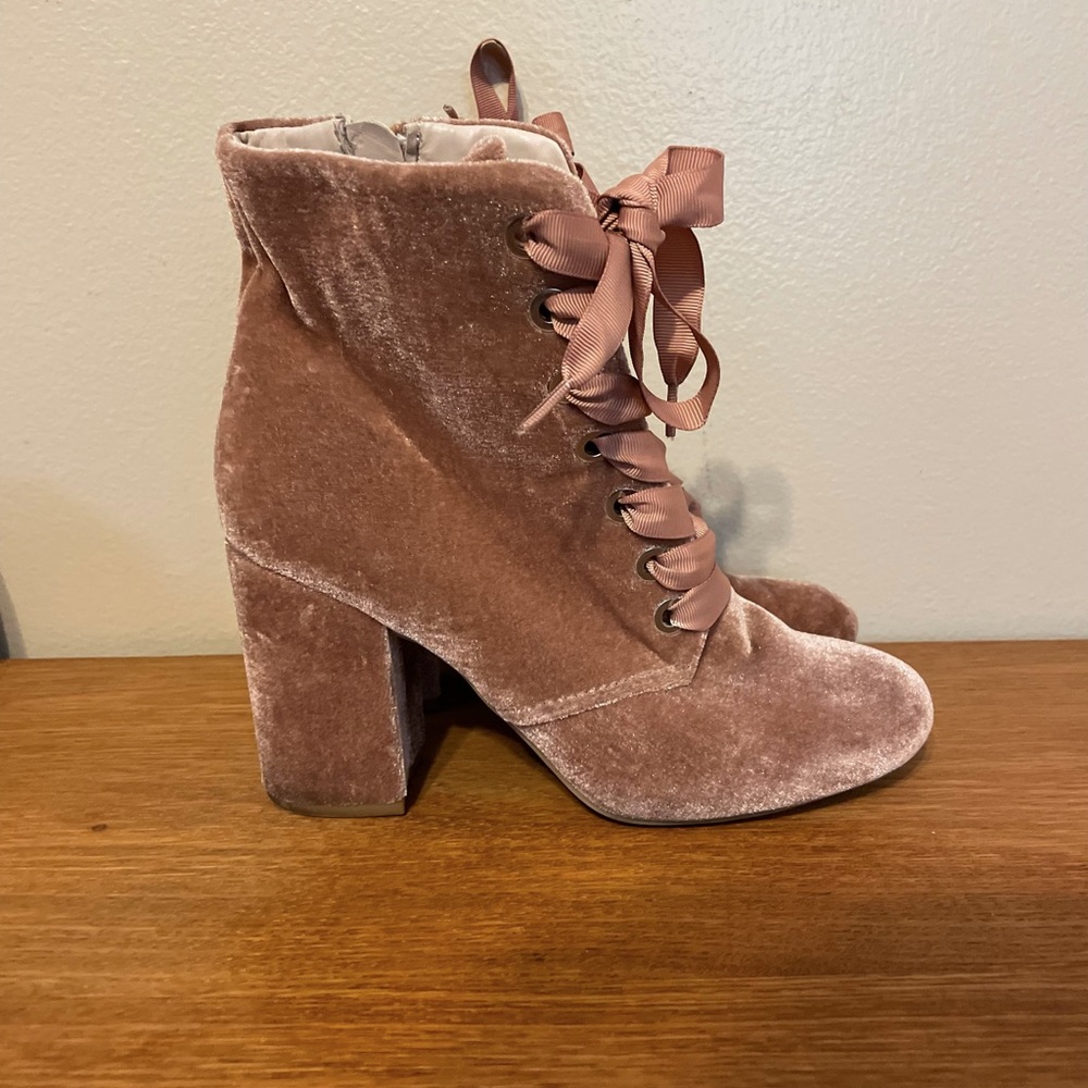 Lace Up Heel Boots in a Dusty Rose Champagne Mauve Pink